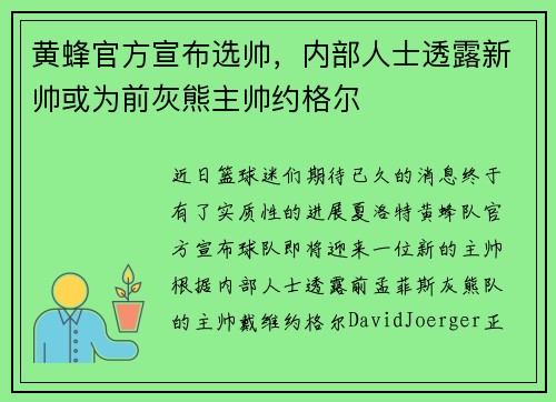 黄蜂官方宣布选帅，内部人士透露新帅或为前灰熊主帅约格尔